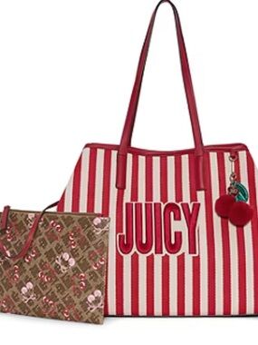 Juicy Couture Red & White Striped Tote with Cherry Charm
